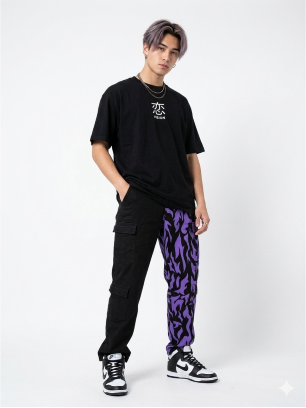 Steady Hands Split Flame Cargo Pants Black & Purple Camo – Size Large 850